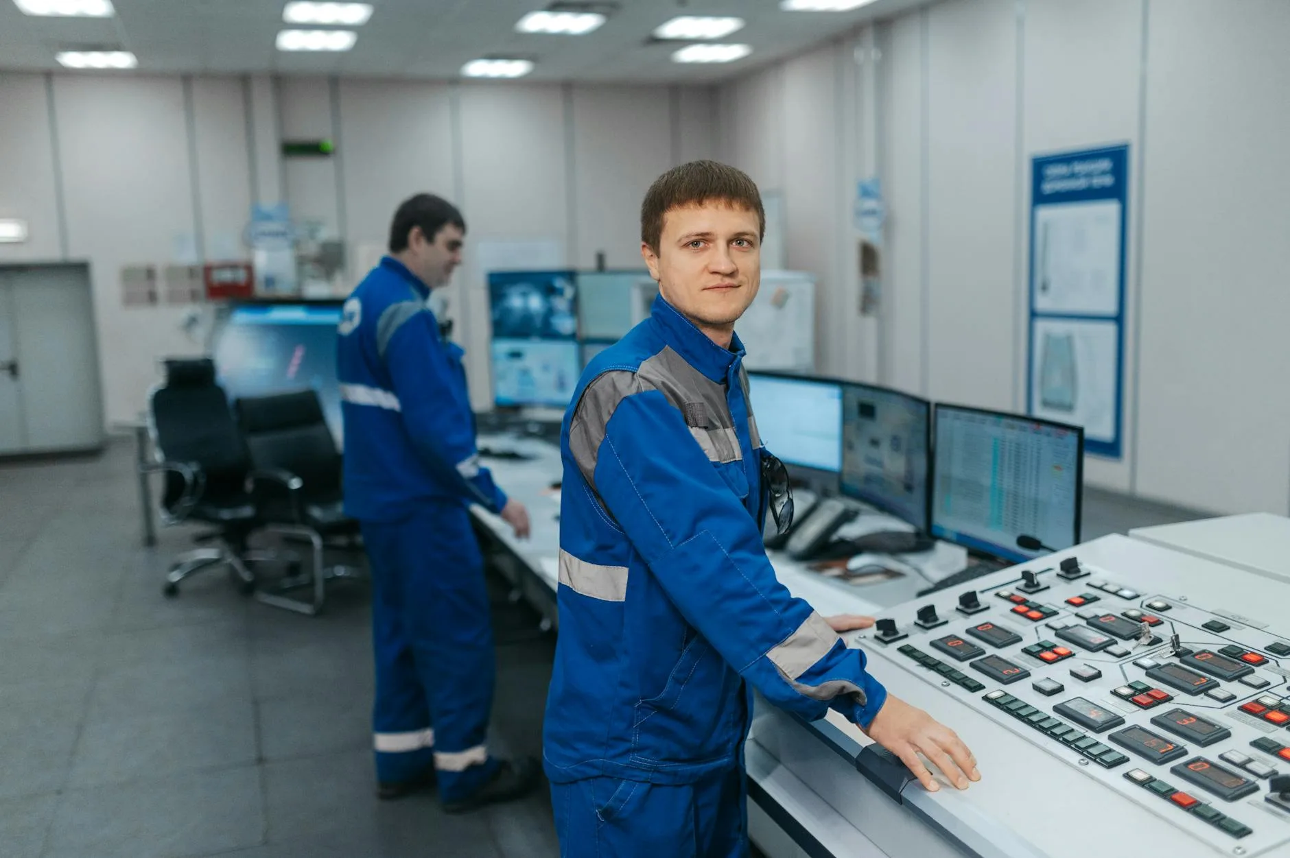 Engineer monitoring systems at an industrial control panel